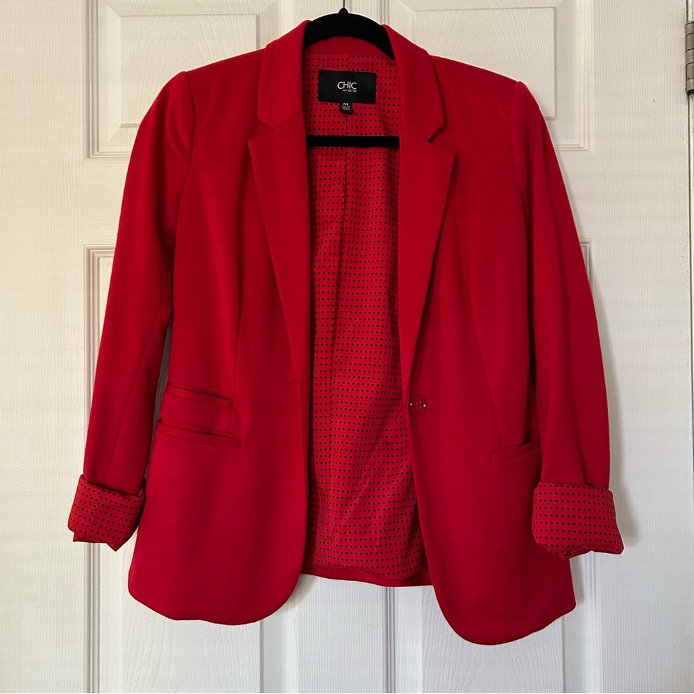 CHIC by Jacob Red Ponte Blazer – Polka Dot Lining